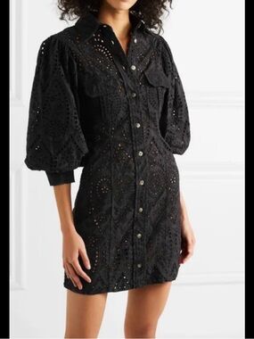 Ganni Black Eyelet Button-Front Shirt Dress